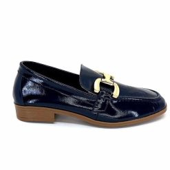 382-ivoire Ivoire 30303 Cuir Vernis Bleu Marine Mocassins