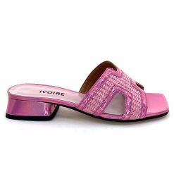 Ivoire0330 Ivoire 330 Cuir Irise Vernis Rose Raffia Rose Mules