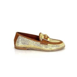 AS 98 B77101-101 Cuir Marron Raffia Dore Mocassins