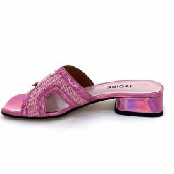 Ivoire0330 Ivoire 330 Cuir Irise Vernis Rose Raffia Rose Mules