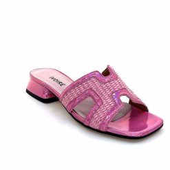 Ivoire0330 Ivoire 330 Cuir Irise Vernis Rose Raffia Rose Mules