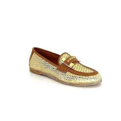 AS 98 B77101-101 Cuir Marron Raffia Dore Mocassins