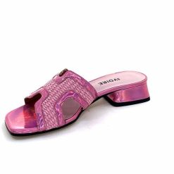 Ivoire0330 Ivoire 330 Cuir Irise Vernis Rose Raffia Rose Mules