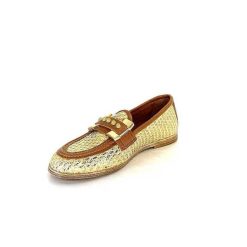 AS 98 B77101-101 Cuir Marron Raffia Dore Mocassins