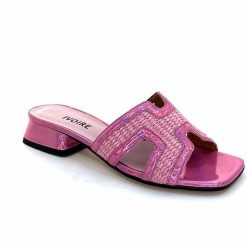 Ivoire0330 Ivoire 330 Cuir Irise Vernis Rose Raffia Rose Mules