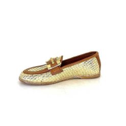 AS 98 B77101-101 Cuir Marron Raffia Dore Mocassins