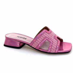 Ivoire0330 Ivoire 330 Cuir Irise Vernis Rose Raffia Rose Mules