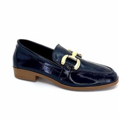 382-ivoire Ivoire 30303 Cuir Vernis Bleu Marine Mocassins