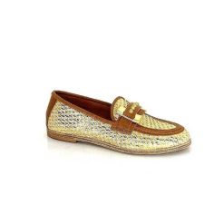 AS 98 B77101-101 Cuir Marron Raffia Dore Mocassins