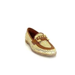 AS 98 B77101-101 Cuir Marron Raffia Dore Mocassins