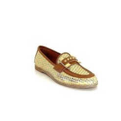 AS 98 B77101-101 Cuir Marron Raffia Dore Mocassins