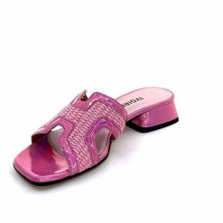 Ivoire0330 Ivoire 330 Cuir Irise Vernis Rose Raffia Rose Mules