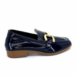 382-ivoire Ivoire 30303 Cuir Vernis Bleu Marine Mocassins