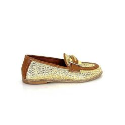 AS 98 B77101-101 Cuir Marron Raffia Dore Mocassins