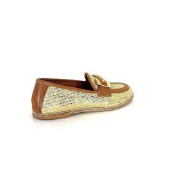 AS 98 B77101-101 Cuir Marron Raffia Dore Mocassins