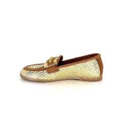 AS 98 B77101-101 Cuir Marron Raffia Dore Mocassins