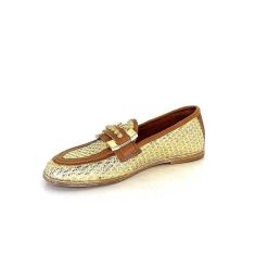 AS 98 B77101-101 Cuir Marron Raffia Dore Mocassins