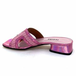 Ivoire0330 Ivoire 330 Cuir Irise Vernis Rose Raffia Rose Mules